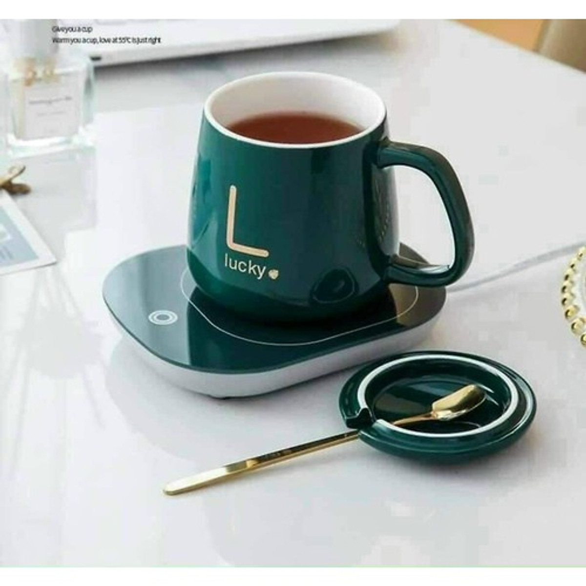 Cốc Hâm Nóng đồ uống kèm đế điện, Bộ ly sứ kèm đế điện hâm nóng trà, cafe, hâm sữa + Tặng kèm thìa vàng, hộp sang trọng