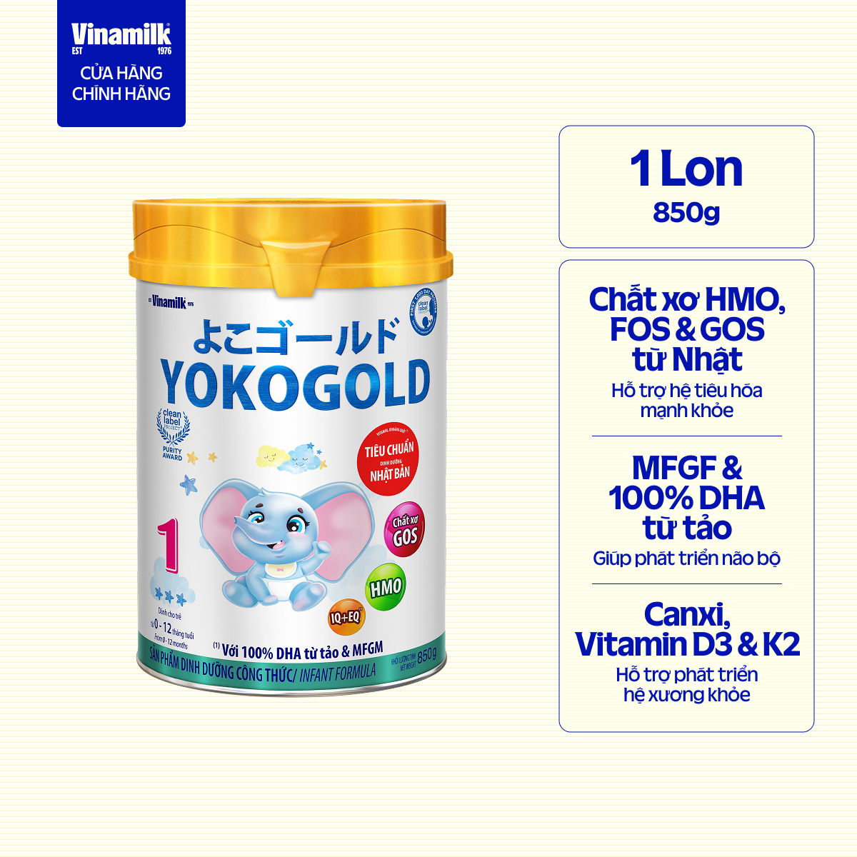 Sữa bột YOKO GOLD 1 850g (cho trẻ từ 0 - 1 tuổi) - Sữa cho trẻ sơ sinh Dưỡng chất tốt từ Nhật Bản, Vị Nhạt thanh mát, Tiêu hóa khỏe, giúp bé dễ hấp thu