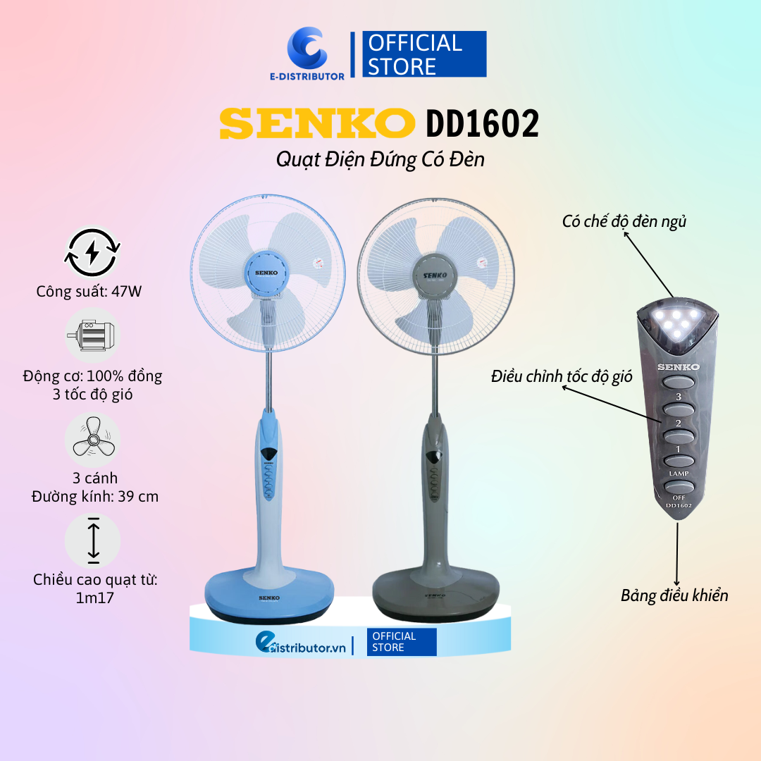 Quạt đứng cao cấp có đèn senko dd1602 - công suất 47w - tiết kiệm điện - hàng chính hãng - bảo hành 24 tháng