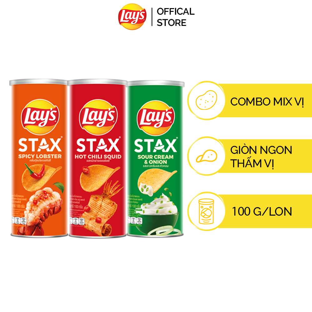 [DUY NHẤT 0H 15.4-17.4] Combo 3 bánh snack Lay's Stax 100gr (Mực sốt cay, Tôm hùm nướng ngũ vị, Kem chua hành)