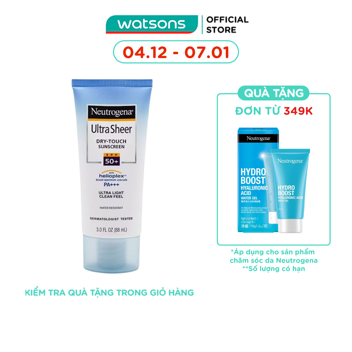   MUA LÀ CÓ QUÀ  Kem Chống Nắng Neutrogena Ultra Sheer Dry Touch Khô Thoáng SPF 50 PA+++ 88ml 