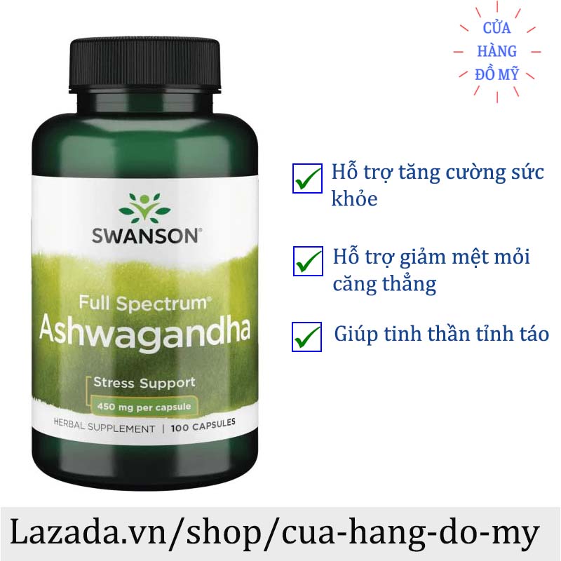Viên Uống Swanson Ashwagandha 450mg 100 viên sâm ấn độ tăng cường sức khỏe Shop Hong1008