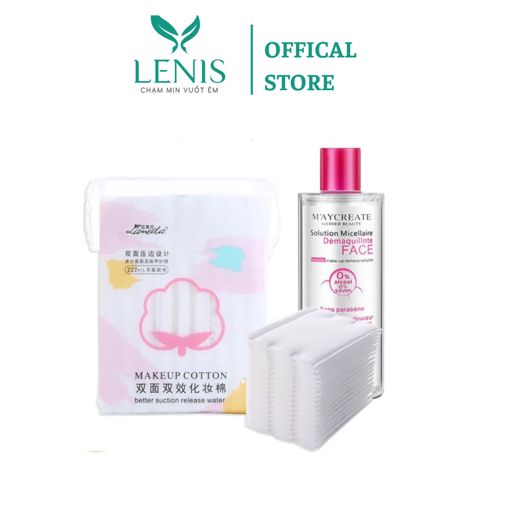 Combo bông tẩy trang lameila+ nước tẩy trang maycreate nắp hồng 300ml tẩy sạch bụi bẩn, bã nhờn - lenis beauty