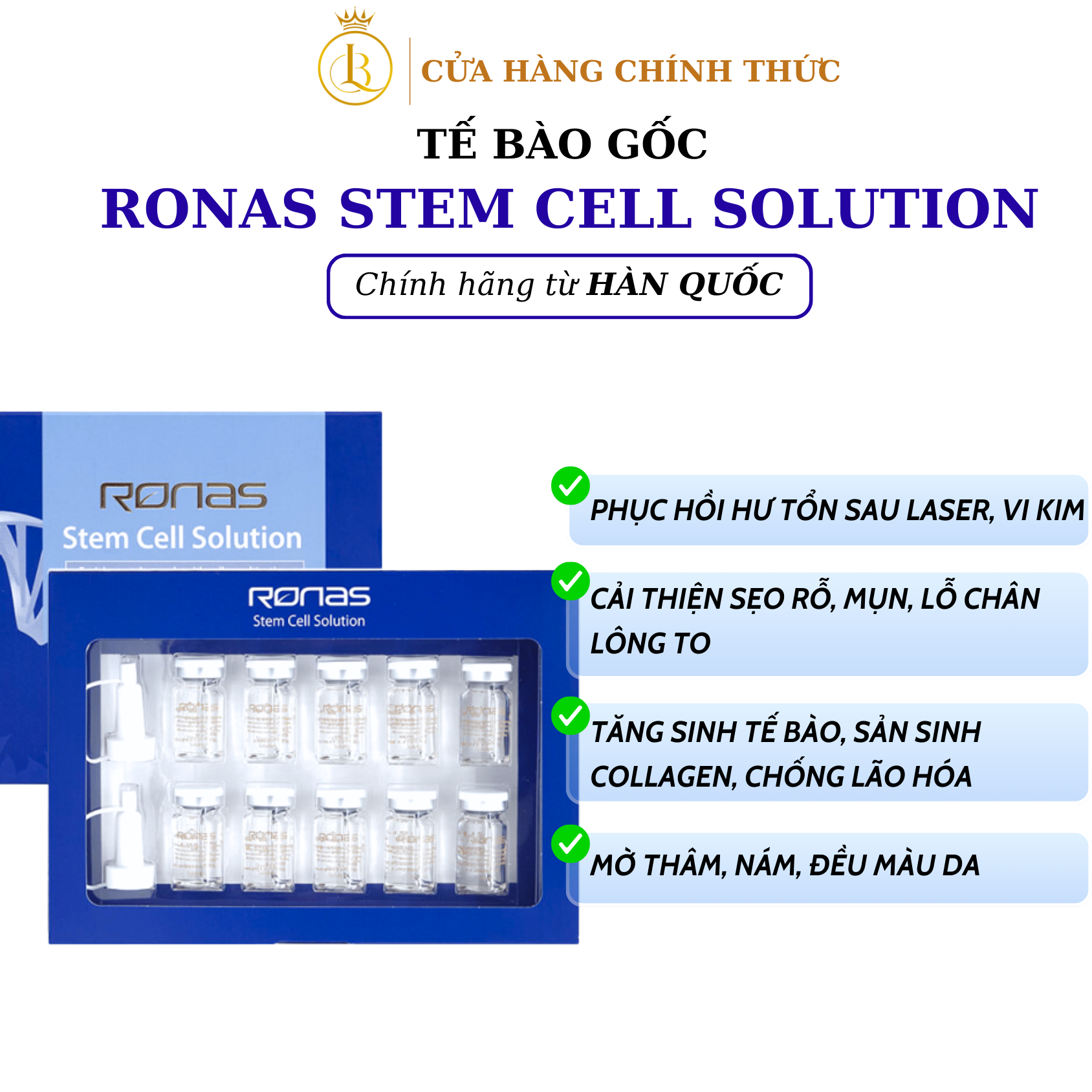 Combo 2 Tế Bào Gốc Ronas Stem Cell Solution Chính Hãng, Phục Hồi Da Dưỡng Da Sáng Mịn, Giảm Sẹo Thâm 5ml x 2 Hộp 20 Lọ