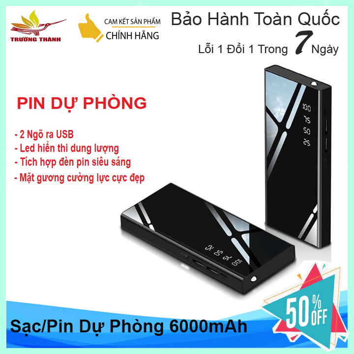 💥bảo hành 24 tháng💥sạc dự phòng 6000 mah mặt kính hiển thị pin.2 cổng usb có đèn