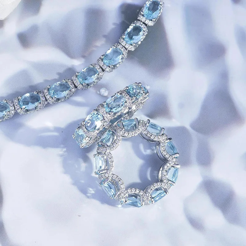 Đồ trang sức thời trang Thiết lập cho phụ nữ Vòng Aquamarine Vòng đeo tay Bộ Zircon Bridal trang trí phụ kiện tiệc sang trọng chuỗi Quà Tặng
