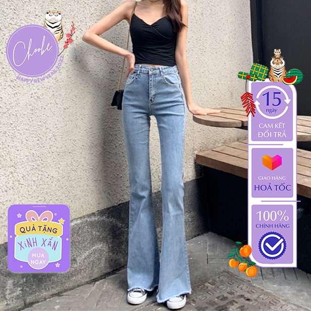 Quần jean nữ Choobe ống suông rộng lưng cạp cao bò dáng skinny xuông vải denim cao cấp co giãn màu xanh QJ05