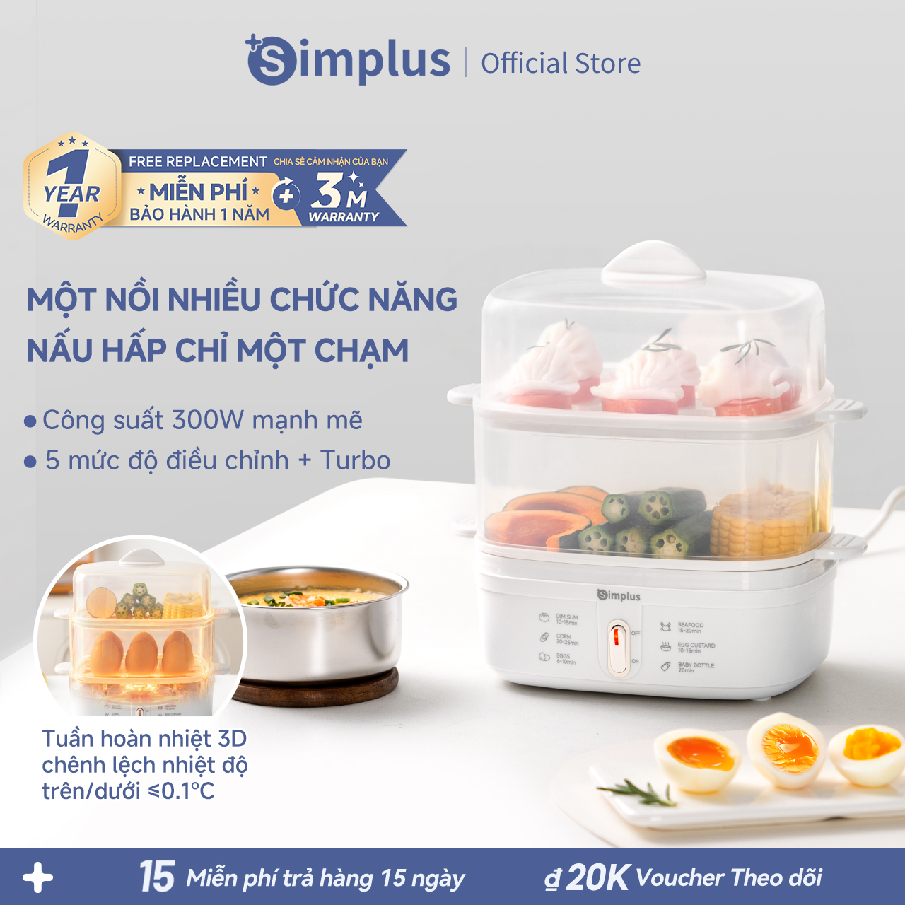 Simplus Nồi hấp điện đa năng Máy hấp trứng thế hệ mới Nồi hấp mini gia đình Máy bữa sáng tích hợp Tự động ngắt điện DZEG007