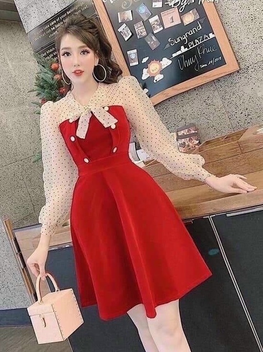 [HCM]Đầm tiểu thư tay lưới bi kết nơ cổ xinh xắn hai màu ( màu đỏ và màu đen )