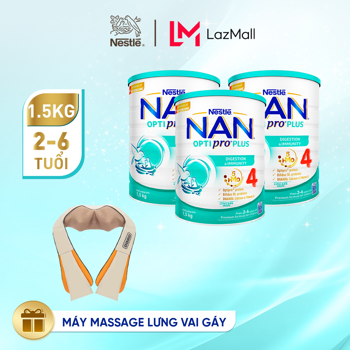 [Tặng Máy massage lưng vai gáy] Bộ 3 Lon Sữa bột Nestlé NAN OPTIPRO PLUS 4 với 5HMO xuất xứ Thụy Sĩ - Hộp 1500g cho bé từ 2 - 6 tuổi - Sữa công thức dinh dưỡng cho trẻ giúp hỗ trợ tiêu hóa, đề kháng, trí não