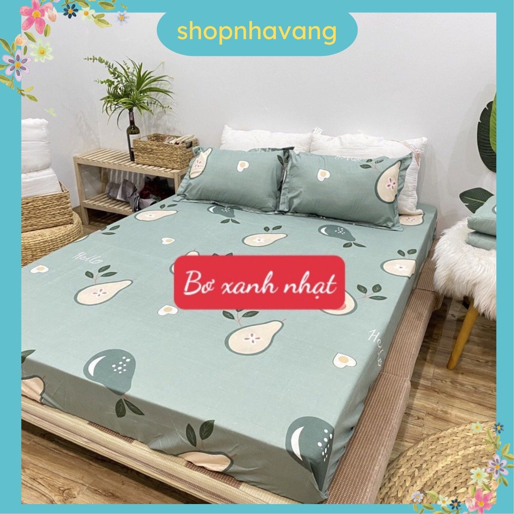 Bộ ga gối 1m6x2m vải cotton poly, mẫu bơ xanh nhạt