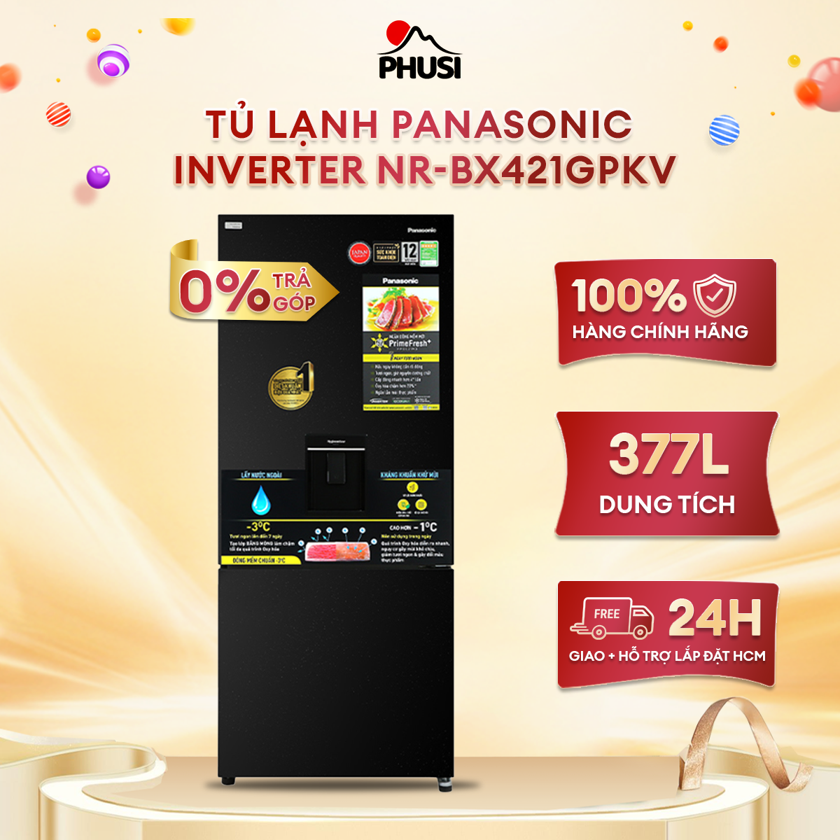 Tủ lạnh Panasonic Inverter 377 lít NR-BX421GPKV 2 cánh ngăn đá dưới lấy nước ngoài kháng khuẩn - Hàng chính hãng