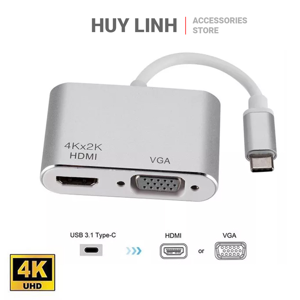 Bộ chuyển cáp chuyển đổi USB Type C ra HDMI và VGA hỗ trợ 4K HL247 xuất cùng lúc 2 màn hình