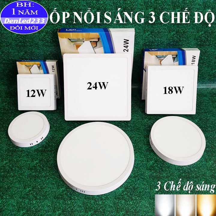 Đèn led ốp trần nổi 12w-18w-24w. sáng 3 chế độ