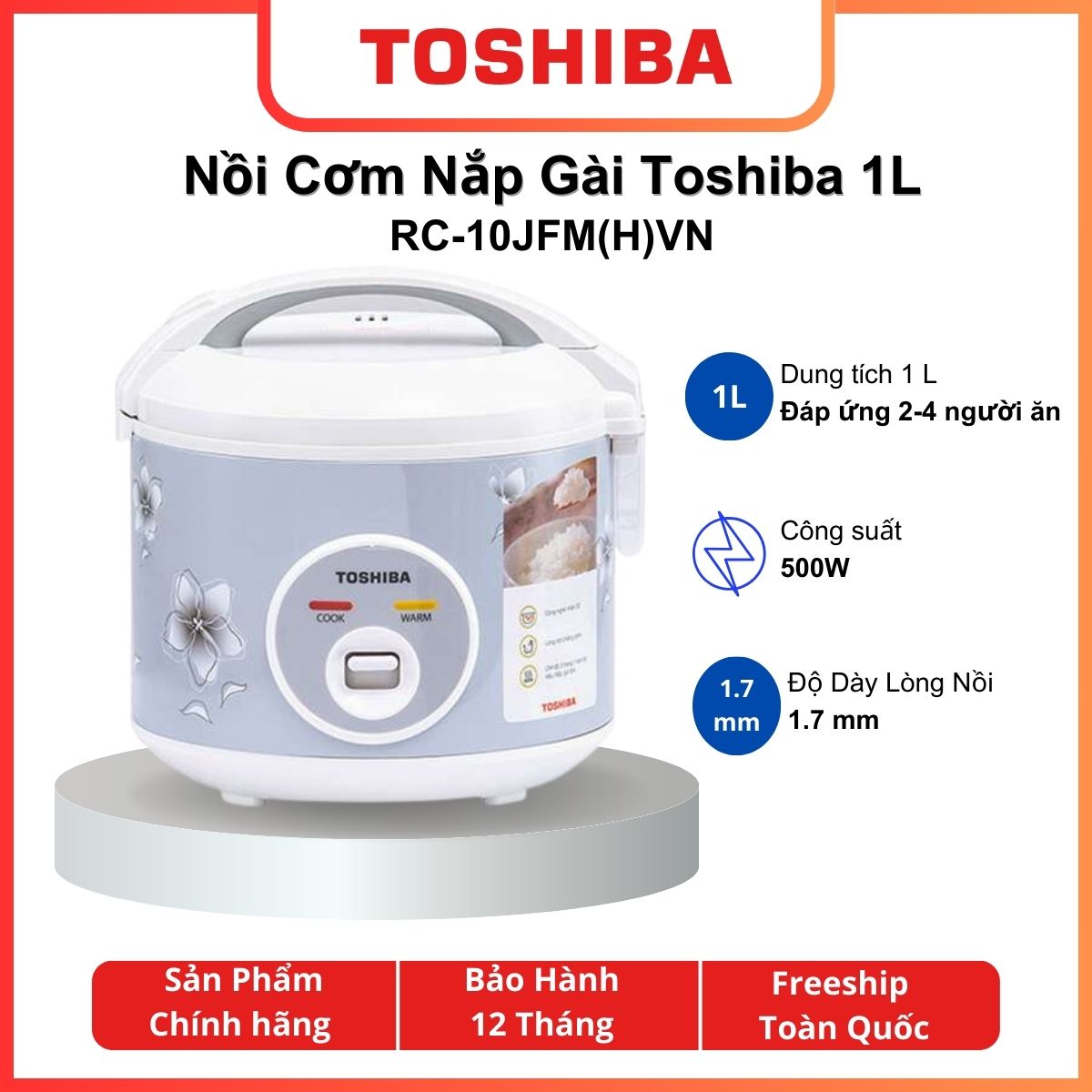 Nồi cơm điện toshiba rc-10jfmvn 1l/ rc-18jfmvn, lòng nồi chống dính - hàng chính hãng - bảo hành 12 tháng