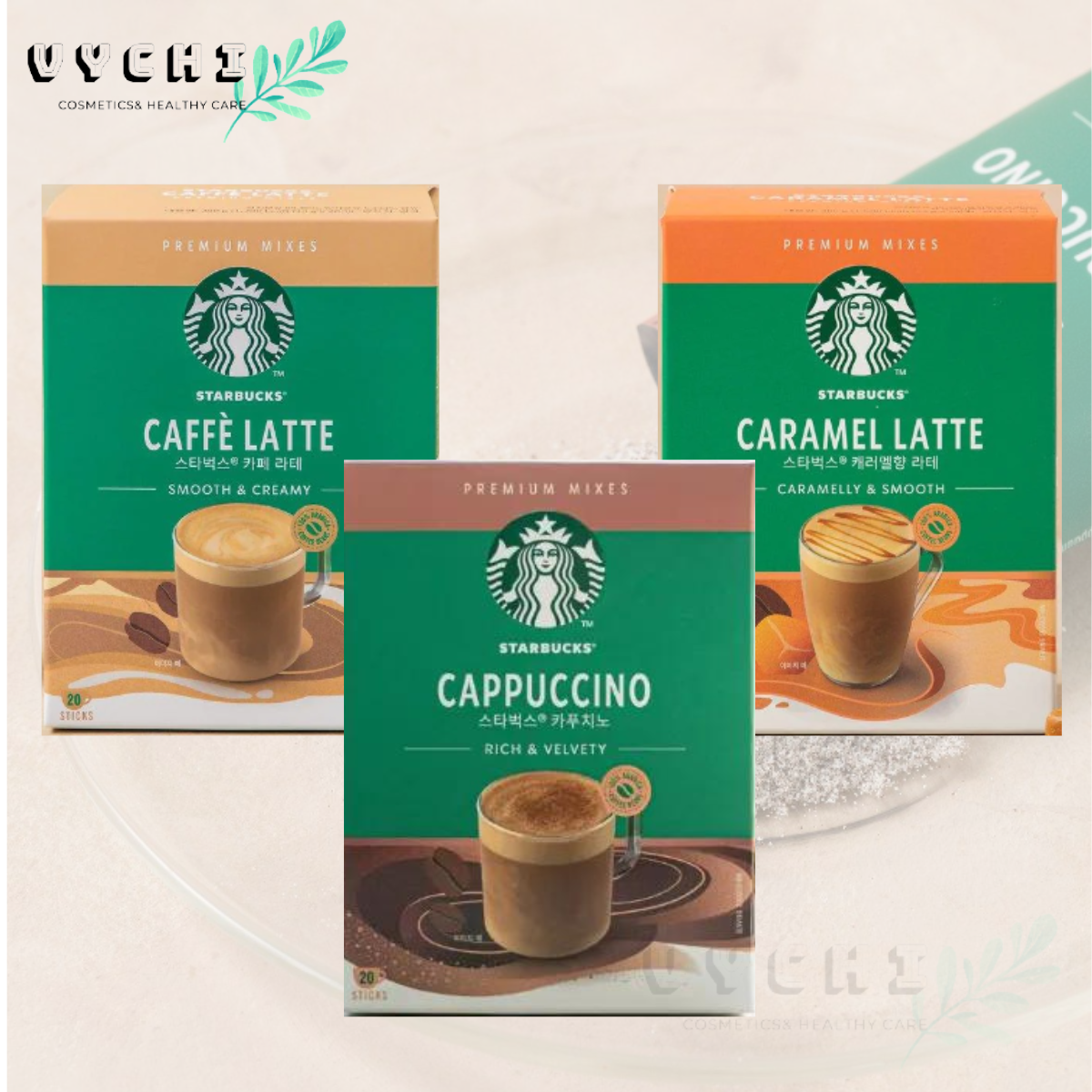 Cà phê Starbucks caffè Latte, Caramel latte, Cappuccino bản Hàn 20 gói hộp