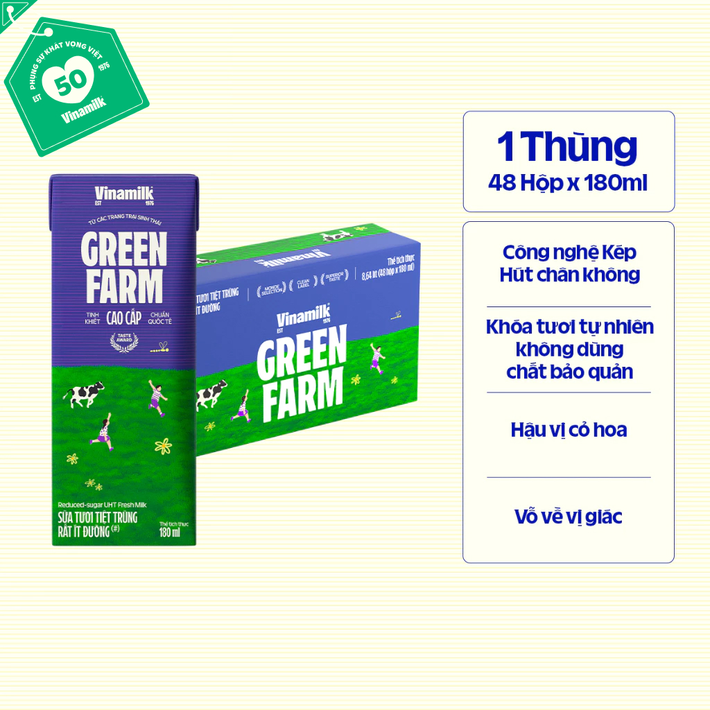 Thùng 48 Hộp Sữa Tươi Tiệt Trùng Vinamilk Green Farm Rất ít đường - Lốc 4 Hộp 180ml