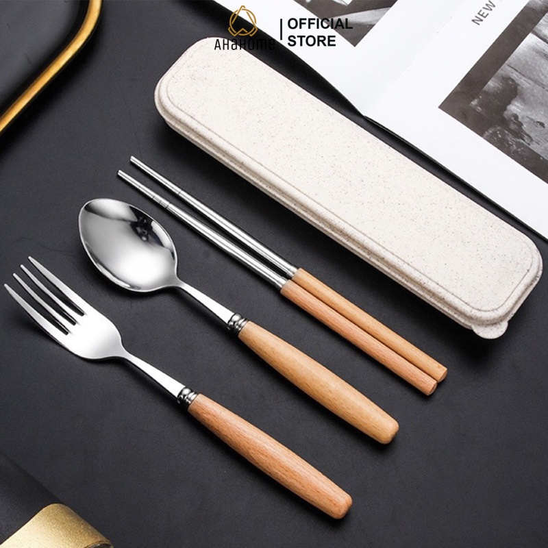 Bộ thìa đũa Ahahome cá nhân văn phòng lúa mạch cán gỗ 3 thứ thìa,dĩa,đũa