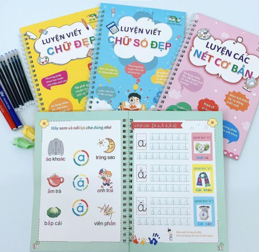 Bộ 3 vở tập viết dập rãnh, mực tự xóa - phiên bản chuẩn tiếng việt và ngòi - dành cho bé mới tập viết- vpp giá tốt
