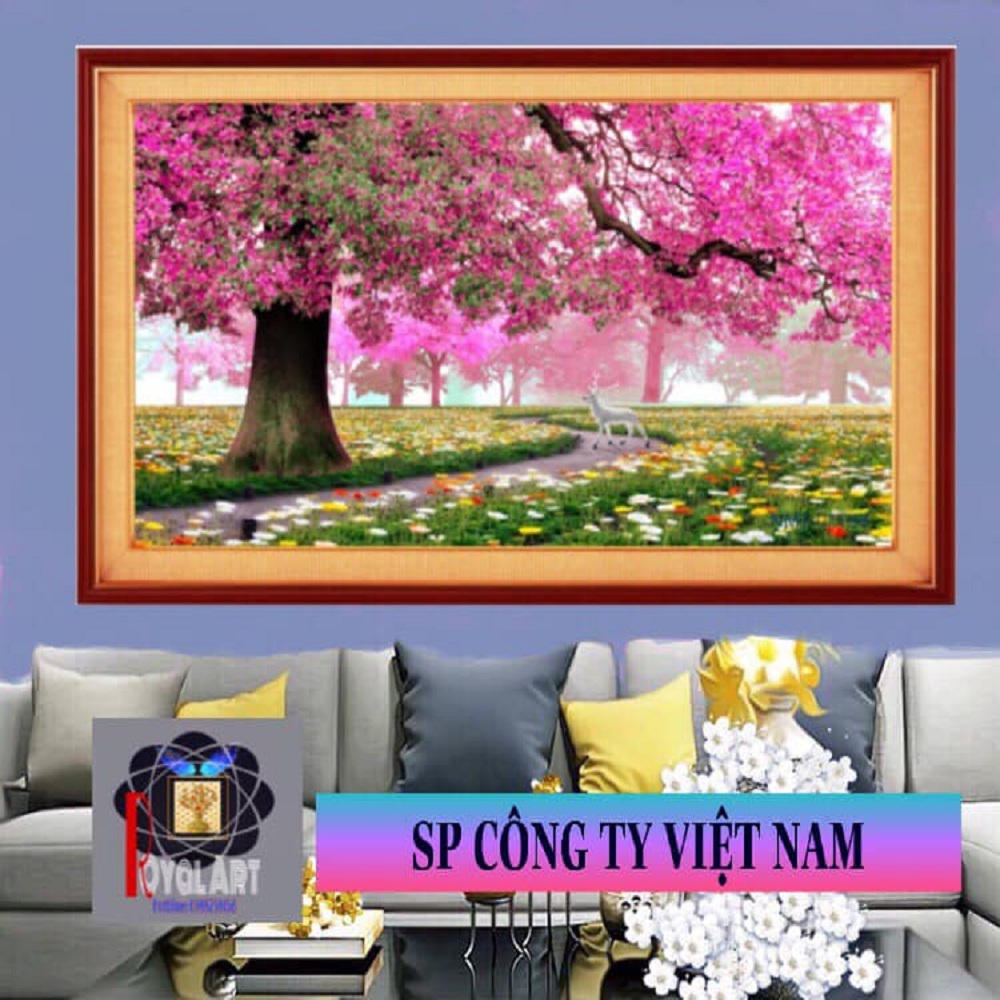 TRANH DÁN TƯỜNG VẢI LỤA 3D Cây Hoa Màu Hồng Thơ Mộng. CAO 67CM NGANG94CM. TẶNG KEO DÁN TRANH CHUYÊN DỤNG - Royal Art Shop
