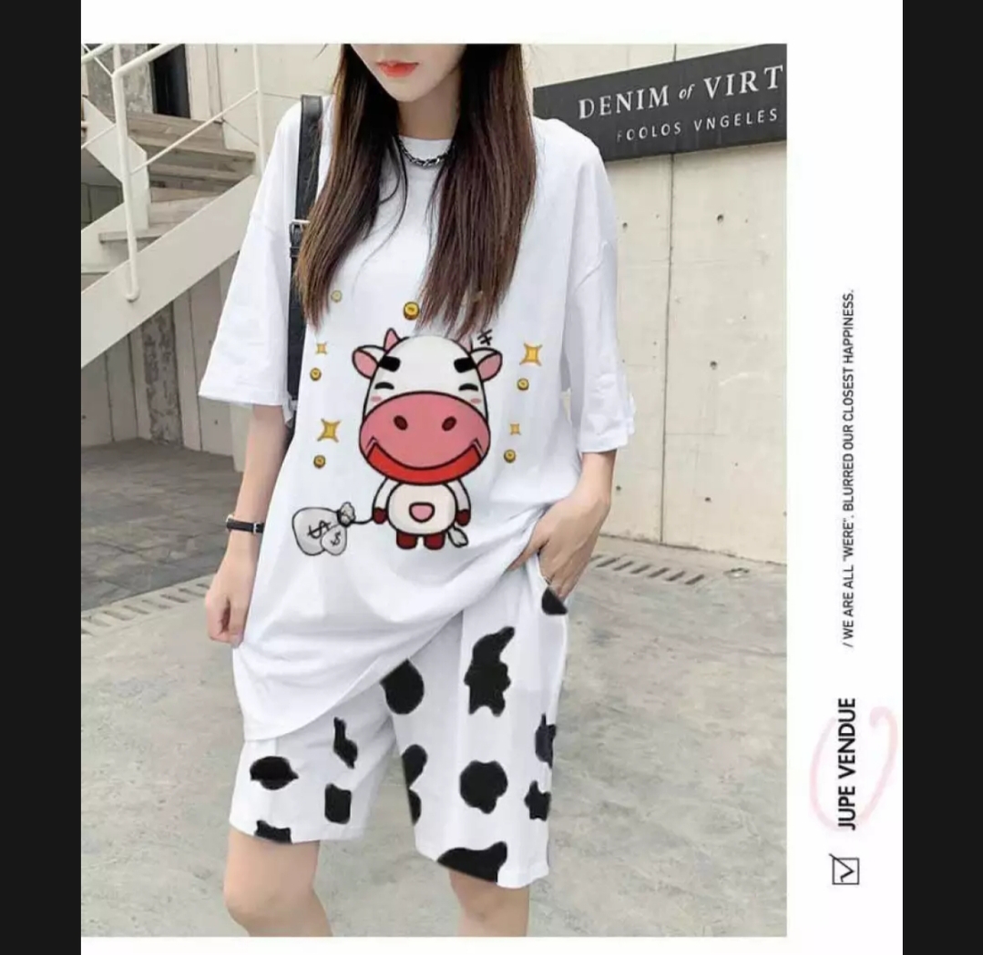 Bộ quần áo thun nam nữ họa tiết bò sữa áo bò mũi hồng độc đẹp vải thun lạnh siêu mát thiết kế thời trang