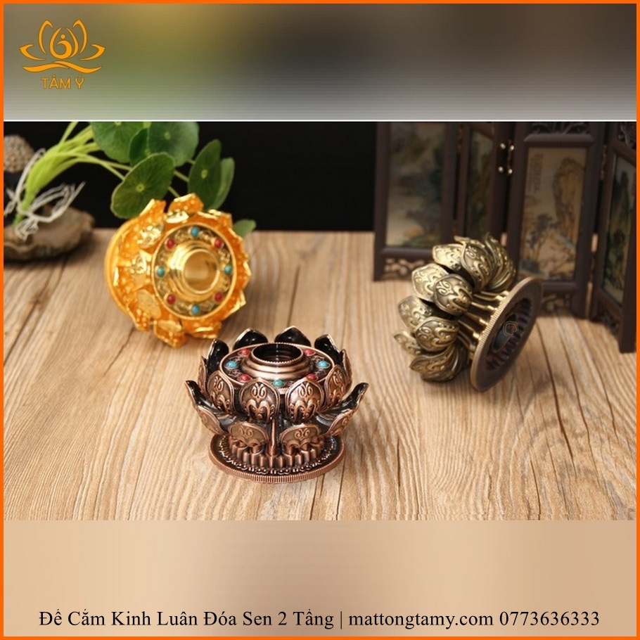 Đế cắm kinh luân hình bông sen 2 tầng, thiết kế bắt mắt, vừa nhiều loại kinh luân, nhiều màu sắc