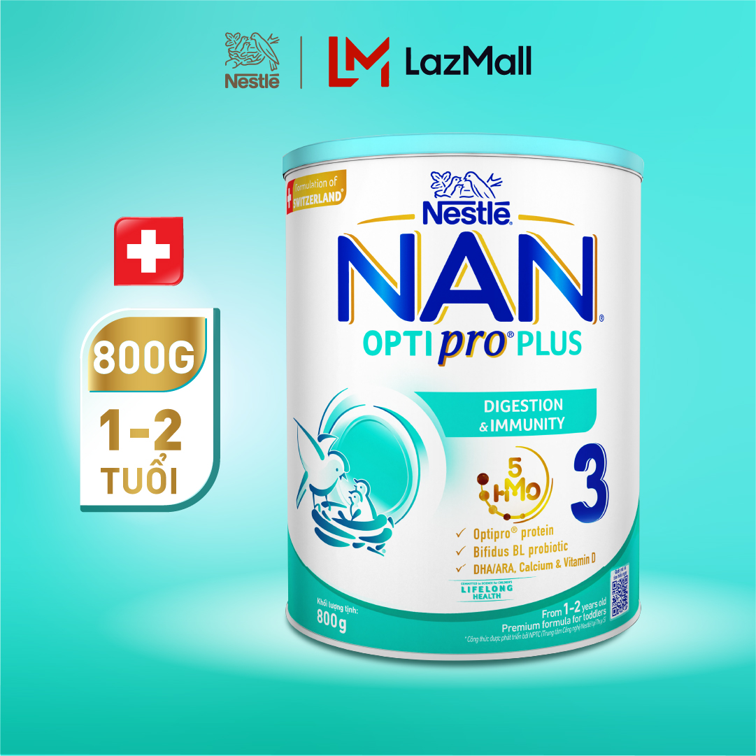 Sữa bột Nestlé NAN OPTIPRO PLUS 3 với 5HMO xuất xứ Thụy Sĩ - Hộp 800g cho bé từ 1- 2 tuổi - Sữa công thức dinh dưỡng cho trẻ giúp hỗ trợ tiêu hóa, đề kháng, trí não và phát triển toàn diện