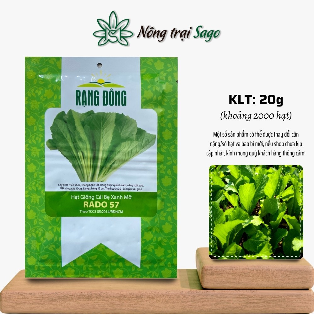Hạt giống Cải Bẹ Xanh Mỡ Rado 57 (20g~2000 hạt) nảy mầm tốt, nhanh thu hoạch, trồng quanh năm, hiệu Hạt giống Rạng Đông - Nông Trại Sago