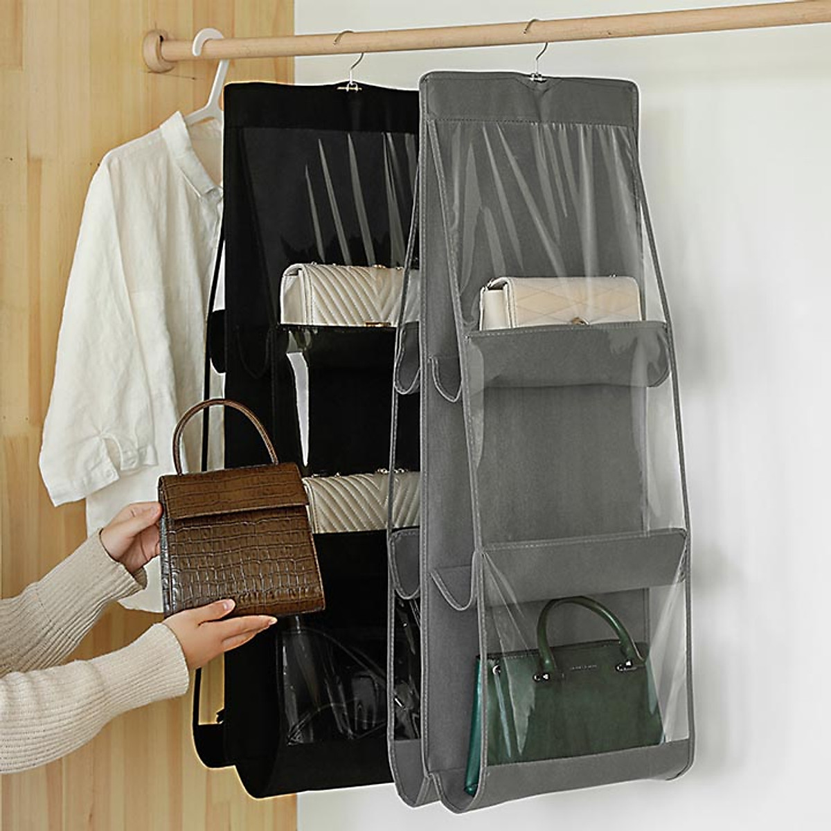 [HCM][TÚI TREO GIỎ XÁCH ĐA NĂNG 6 NGĂN TIỆN LỢI CÓ MÓC TREO TỦ QUẦN ÁO HOẶC TREO TƯỜNG BẢO QUẢN GIỎ XÁCH CHỐNG BỤI GỌN GÀNG TIẾT KIỆM KHÔNG GIAN ( NHIỀU MÀU)