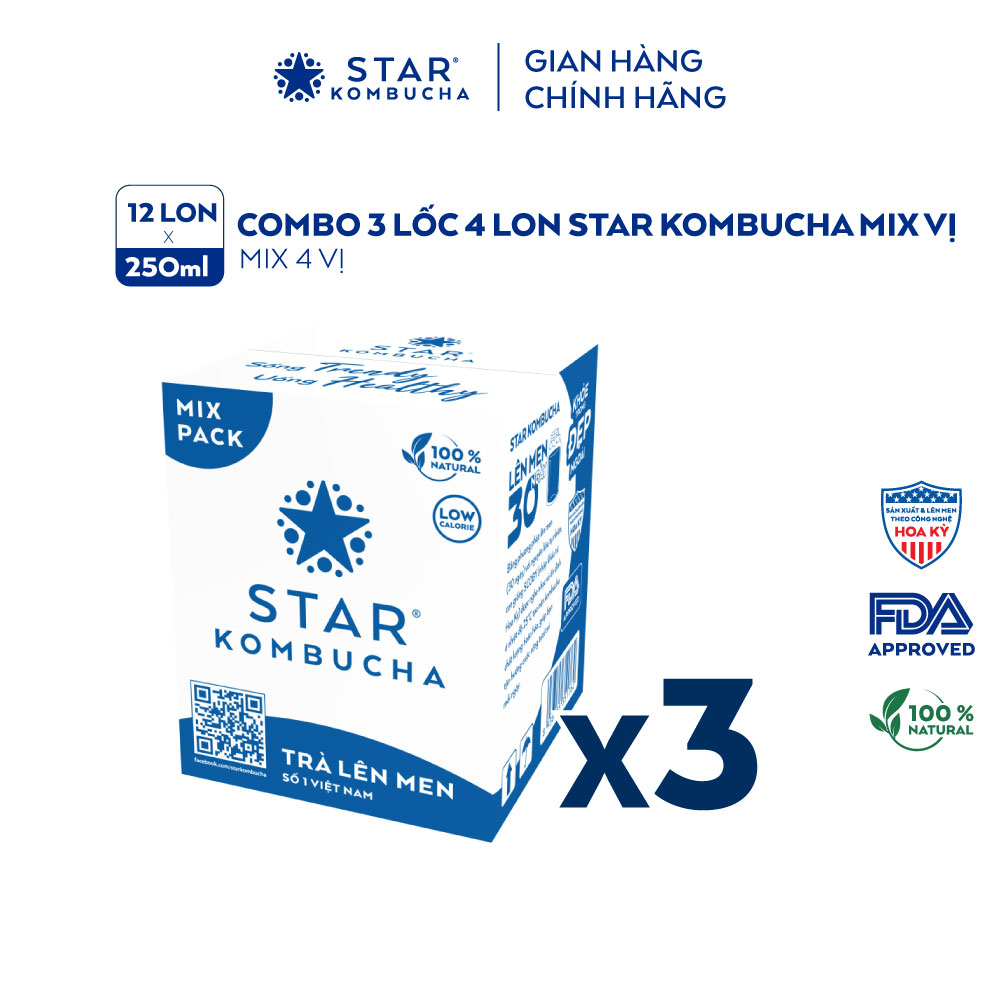  Combo 3 Lốc 4 lon trà STAR KOMBUCHA mix vị  250ml lon  - Trà lên men kombucha chứa probiotics bảo vệ sức khoẻ 