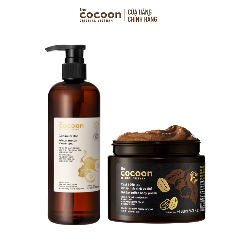 COMBO 1 Gel tắm bí đao 500ml + 1 Hũ Cà Phê Đắk Lắk làm sạch da chết cơ thể 200ml