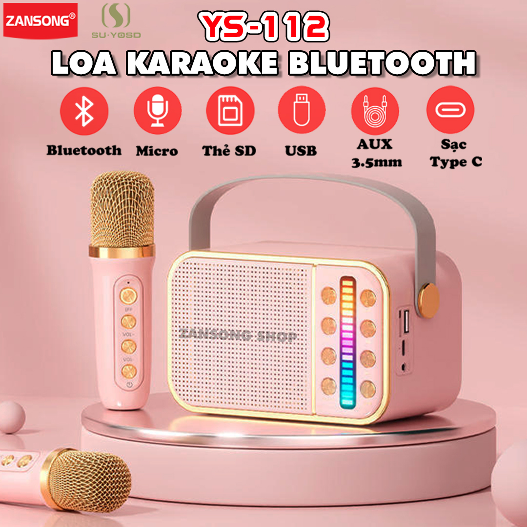 Loa bluetooth karaoke YS108-112 tặng kèm 2 micro không dây, bass êm, công suất công suất 10W, sử dụng liên tục 5h