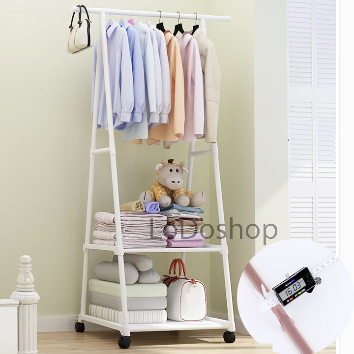 Kệ treo quần áo chữ A loại lắp ráp khung kim loại 2 tầng có bánh xe di chuyển - Giá treo quần áo đa năng - Kệ máng quần áo phòng ngủ - Kệ để giày dép túi xách balo