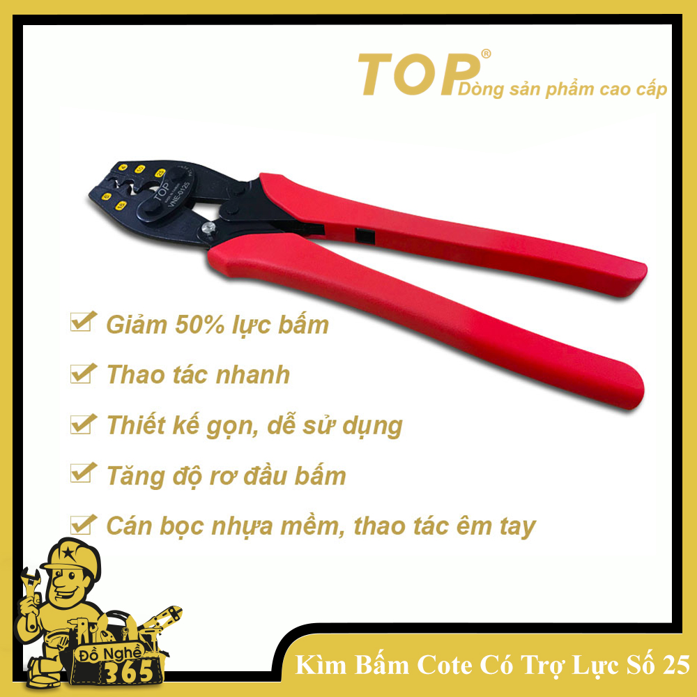 Kìm bấm Cote trợ lực số 25 hiệu TOP Gold , Kìm chuyên dùng bấm đầu cote các loại, thiết kế trợ lực bấm rất nhẹ tay và sử dụng được bền lâu chuyên phục vụ cho ngành điện và điện tử
