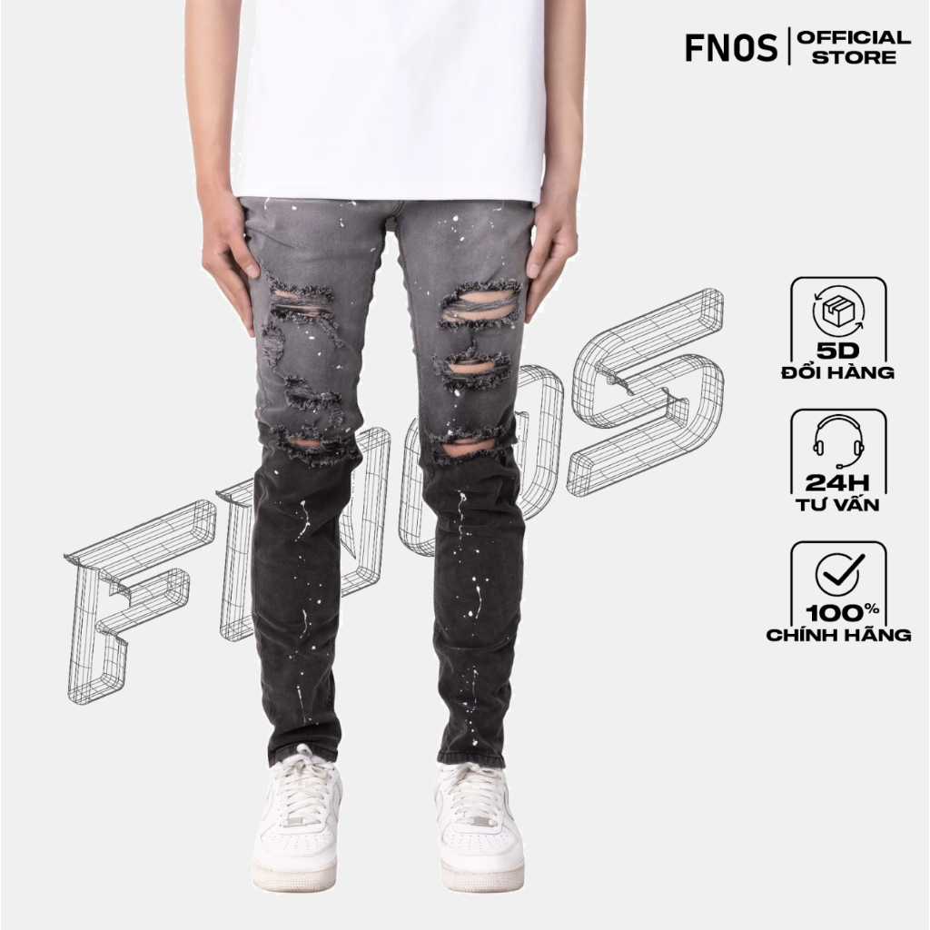 Quần Skinny Jeans Nam FNOS Streetwear Màu Đen Vẩy Sơn NZ33