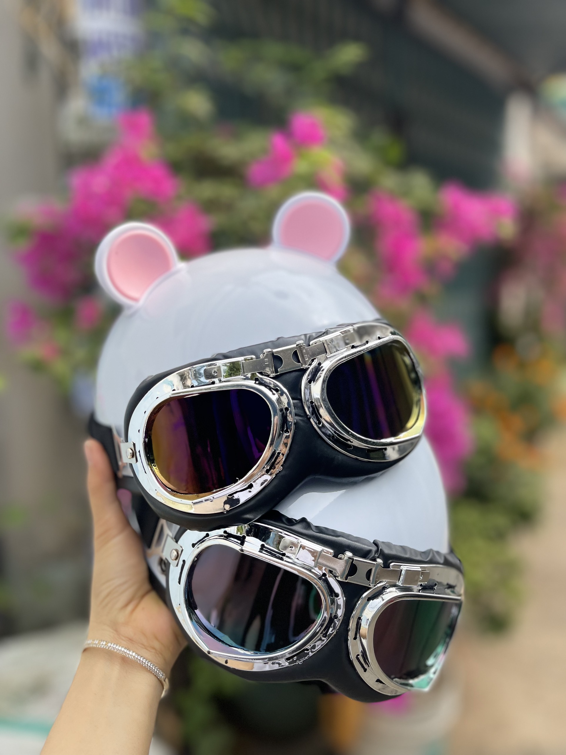 Nón bảo hiểm kính phi công kèm tai gấu mickey