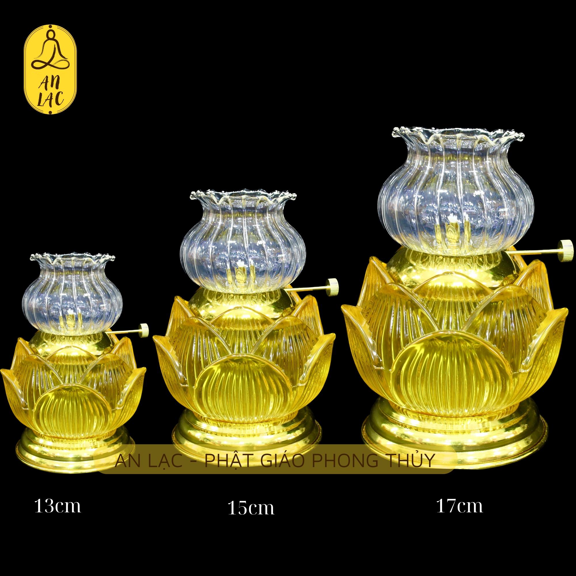 ĐÈN DẦU 09 - MẪU HOA SEN THỦY TINH VÀNG - 3 KÍCH THƯỚC VÀ DẦU THẮP CÁT TƯỜNG MÃ LAI