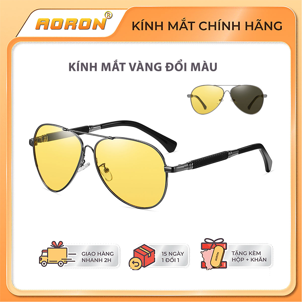 Kính Mát Nam Phân Cực Aoron Mắt Kính Phi Công Màu Vàng Đổi Màu Đi Ngày Đêm Giúp Tầm Nhìn Rõ Nét, Giảm Chói Lóa, Ngăn Gió Bụi Ngày Và Đêm Bảo Vệ Mắt - AK049