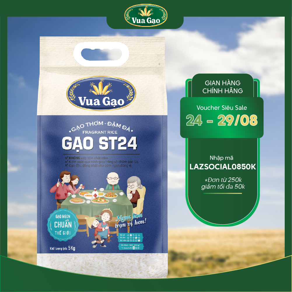 Gạo ST24 Đậm Đà Túi 5kg - Chính Hãng Vua Gạo - Gạo Thơm Ngon, Dẻo Nhiều, Vị Ngọt Hậu - Top 1 Thế Giới 2017