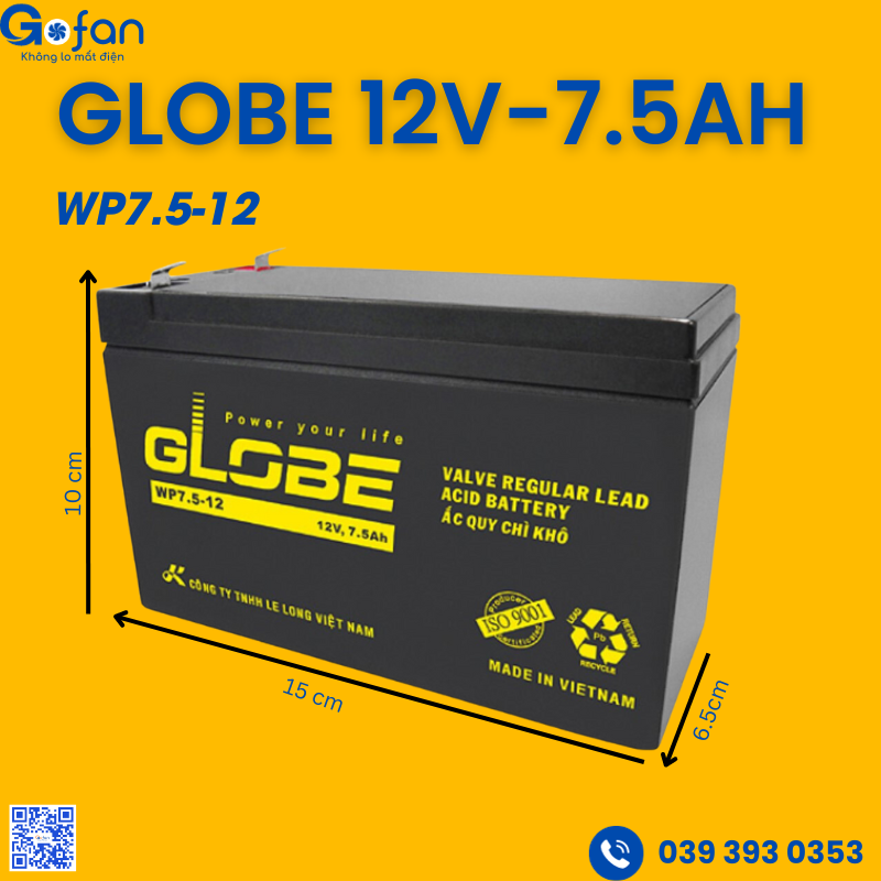 [HCM]Bình Ắc Quy Khô globe 12v 7.5ah cho lưu điện GLOBE WP7.5-12 ( 12V - 7.5 AH ) - Ắc quy cho lưu điện UPS.