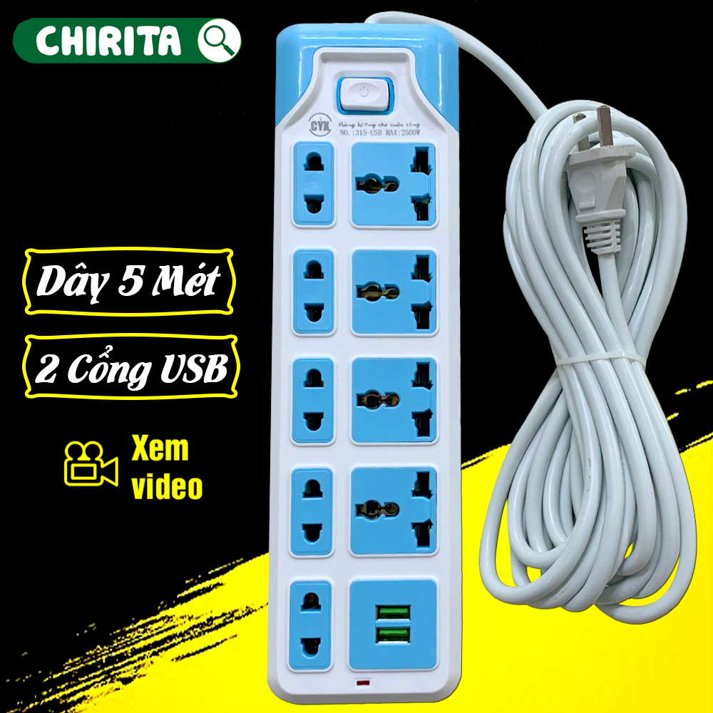 Ổ Điện Thông Minh CYX 315U , Dây 5 Mét , 2 Cổng USB 9 phích Cắm -  Công Suất 2500W - Ổ Cắm Điện , Ổ Cắm Điện Đa Năng CHIRITA