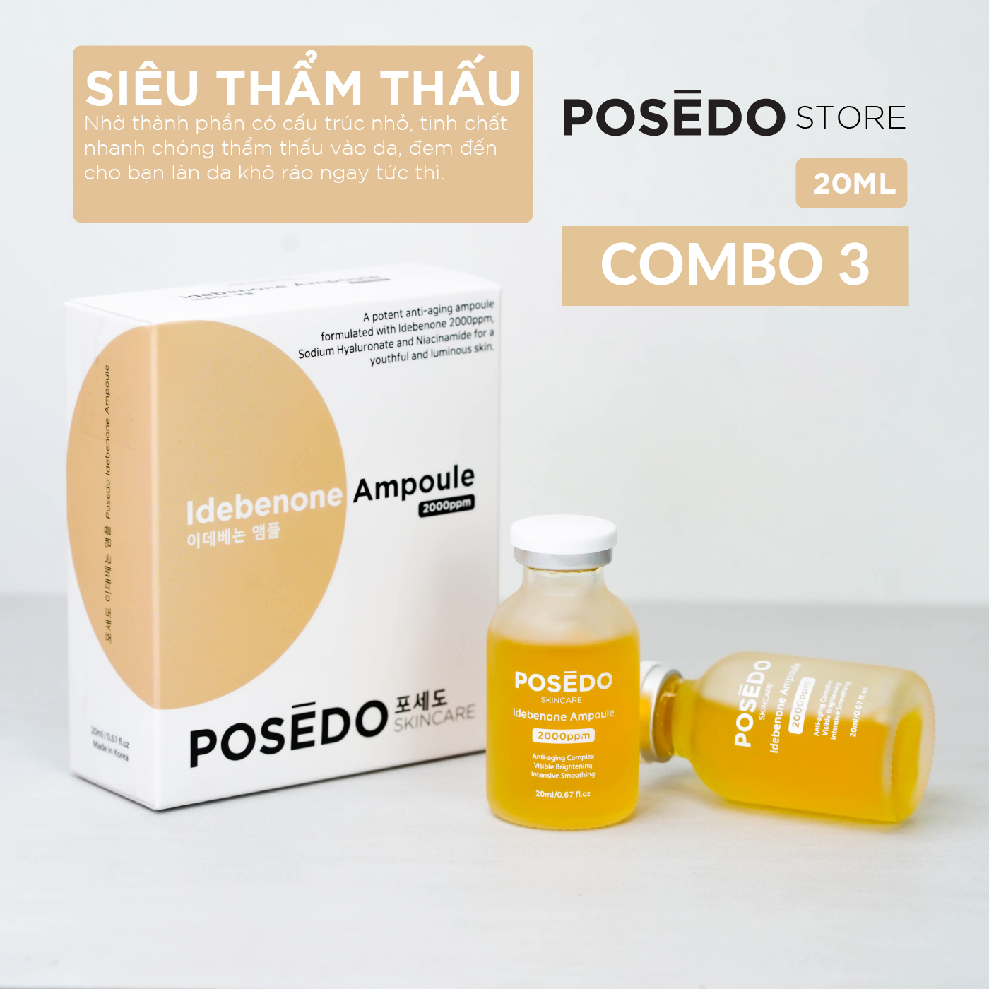 Combo 3 Serum căng bóng dưỡng sáng Posedo Idebenone Ampoule 20ml trẻ hóa da cao cấp chính hãng Hàn Quốc - Combo 3 chai