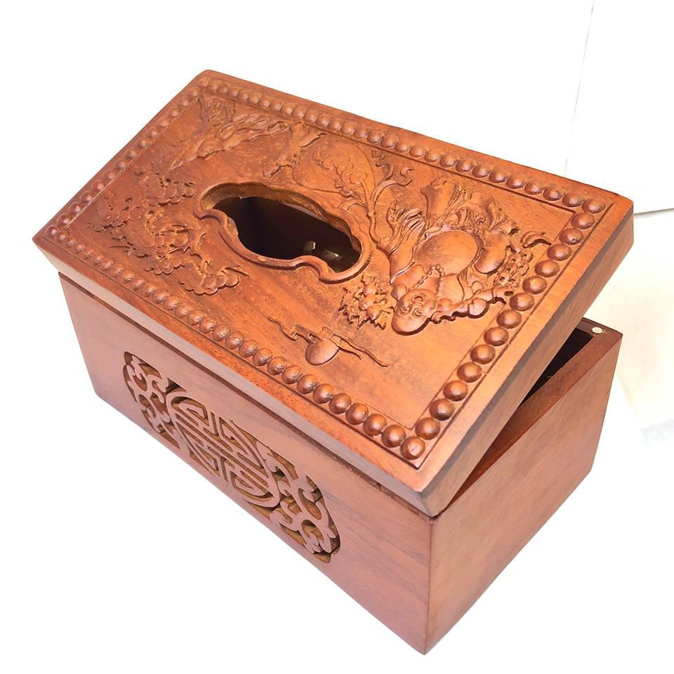 [HCM]Hộp đựng khăn giấy trạm di lặc bằng gỗ Hương