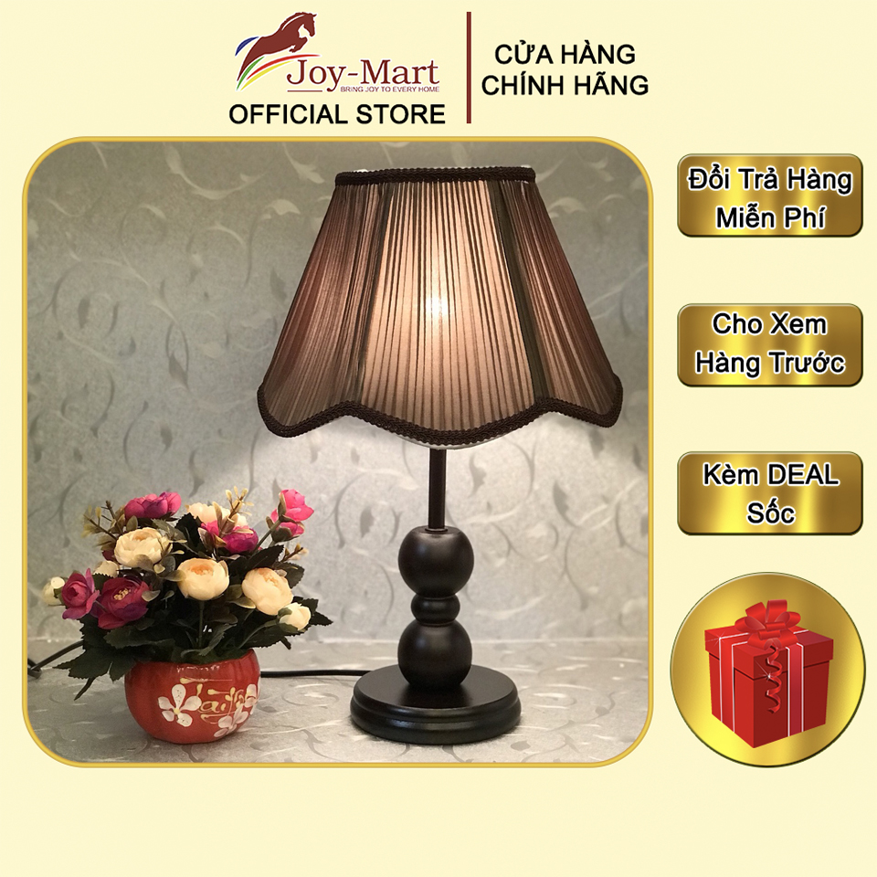 Đèn để bàn - joymart - đèn ngủ để bàn thân gỗ tự nhiên, chao vải lụa cao cấp mb6110