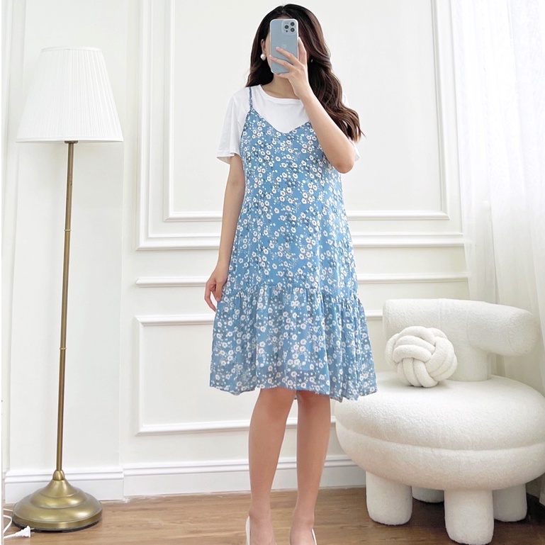 MEDYLA - Đầm bầu yếm công sở dáng yếm thiết kế 2 lớp voan hoa nhí cho bầu đi chơi du lịch -VY031