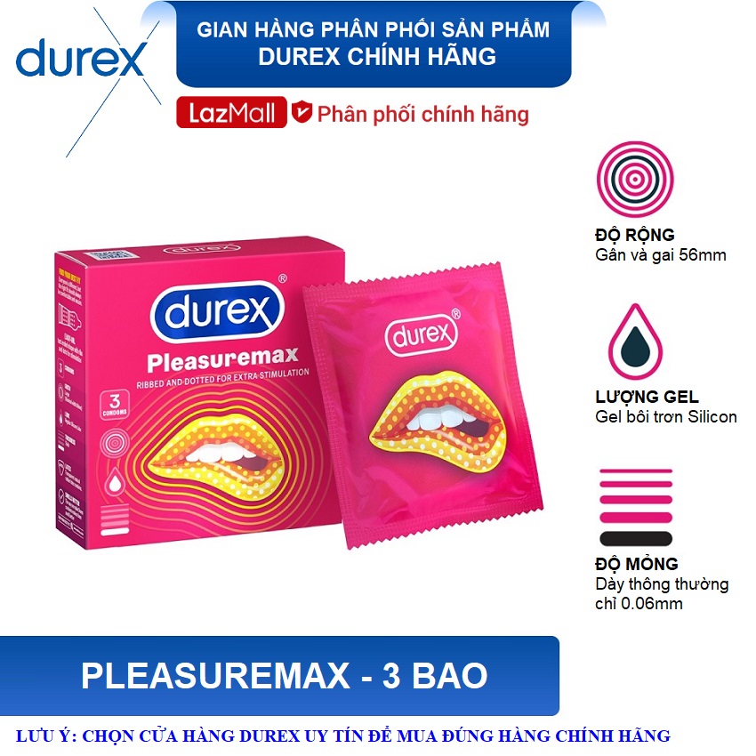 Bao cao su Durex Pleasuremax 3 bao - Gân và gai, size 56mm