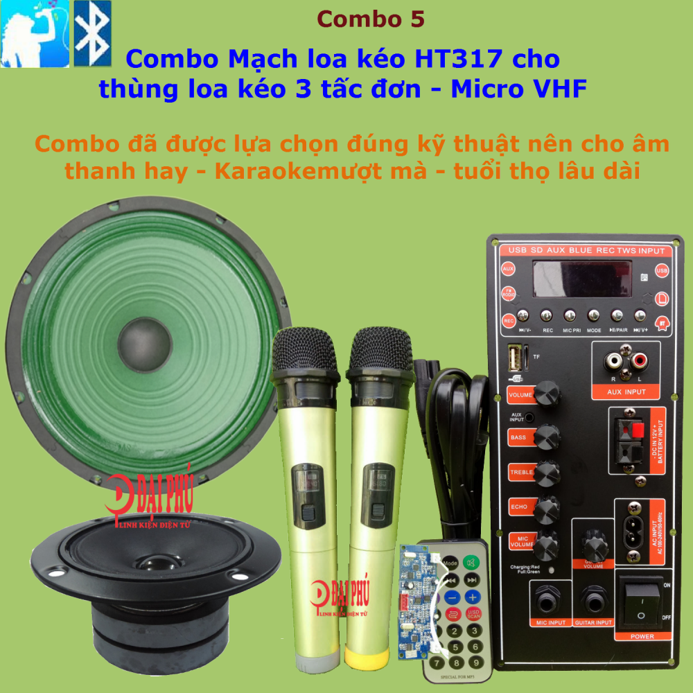 Combo bộ mạch loa kéo 3 tấc đơn công suất 60w – 120w dùng ic ht317 - combo 5