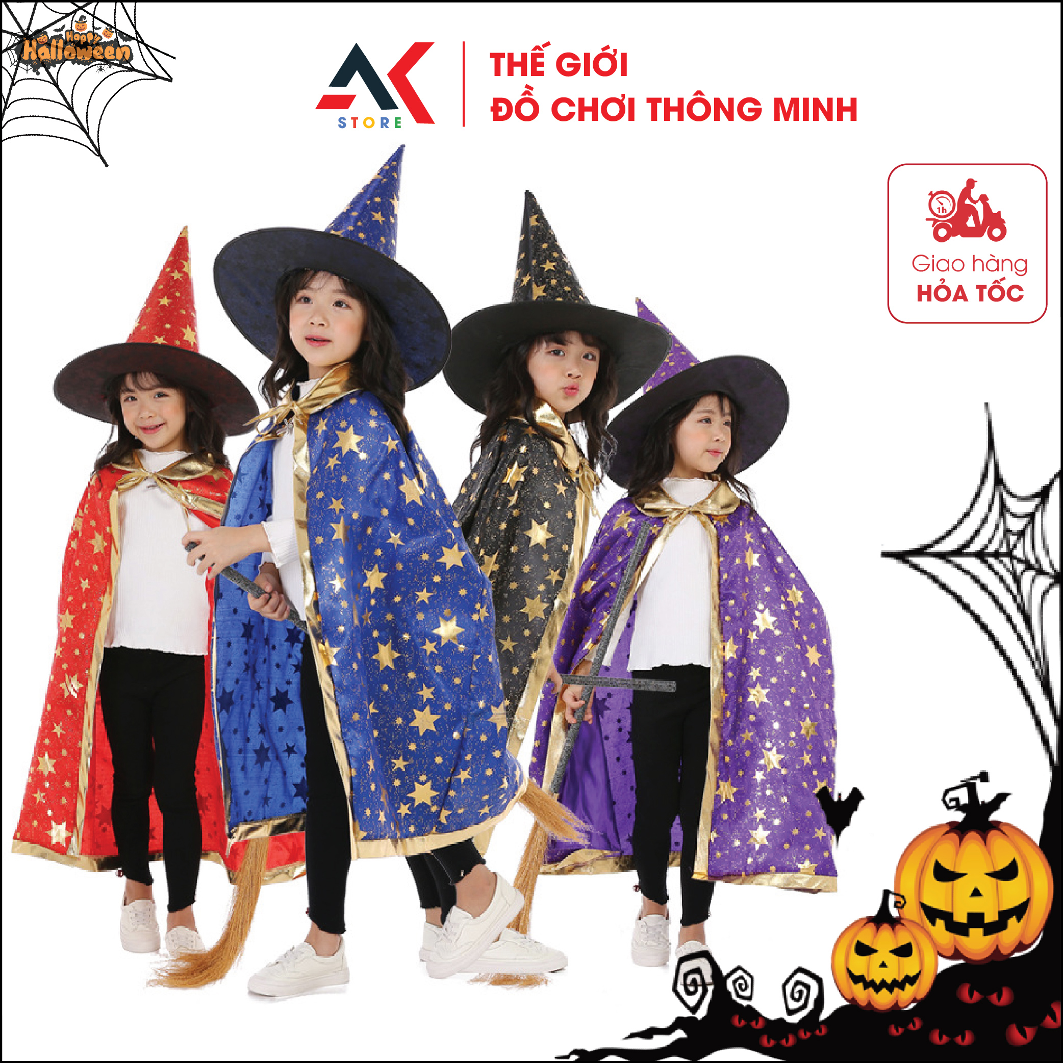 Set áo choàng phù thuỷ kèm mũ hóa trang cho bé trai bé gái trong lễ hội halloween