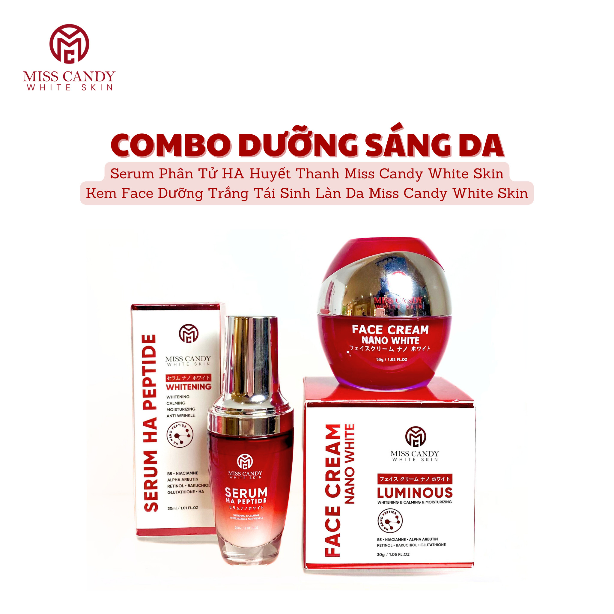 Bộ 2 sản phẩm trắng da mờ thâm, sạm, nám, tàn nhang giúp tái sinh làn da gồm serum ha peptide 30ml + kem dưỡng trắng da face nano 30g miss candy - phụng nguyễn house