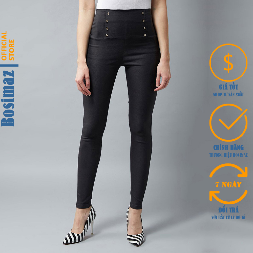 Quần Legging Nữ Bosimaz MS271 dài túi sau màu đen có 8 khuy phía trước thun co giãn 4 chiều vải đẹp dày thoáng mát không xù lông.